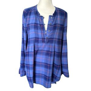 Holding Horses blue & orange plaid shirt boho cowgirl western high low hemline M